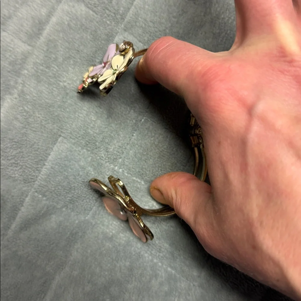 Vintage Flower Hinged Bangle Bracelet, Enamel, Silver, Gemstones, Boho